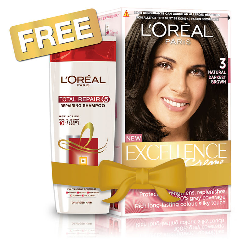 L'Oreal Paris Excellence Creme Hair Color - 3 Natural Darkest Brown + Free Total Repair 5 Shampoo