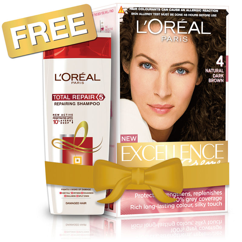 L'Oreal Paris Excellence Creme Hair Color - 4 Natural Dark Brown + Free Total Repair 5 Shampoo